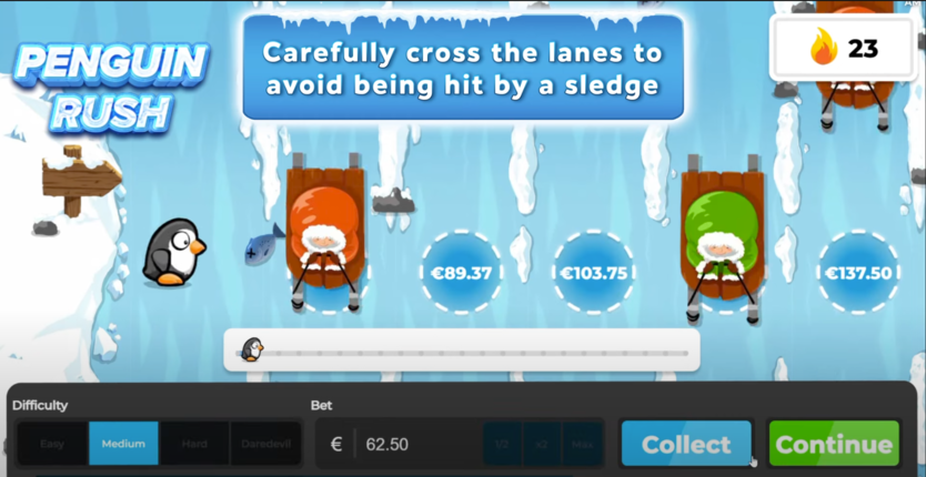 Penguin Rush मुख्य गेम स्क्रीन - रश बटन दबाएं
